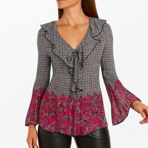 Ruffled Blouse Bell Sleeve Bowtie Vneck Tunic Semi Sheer Black Purple Paisley XL